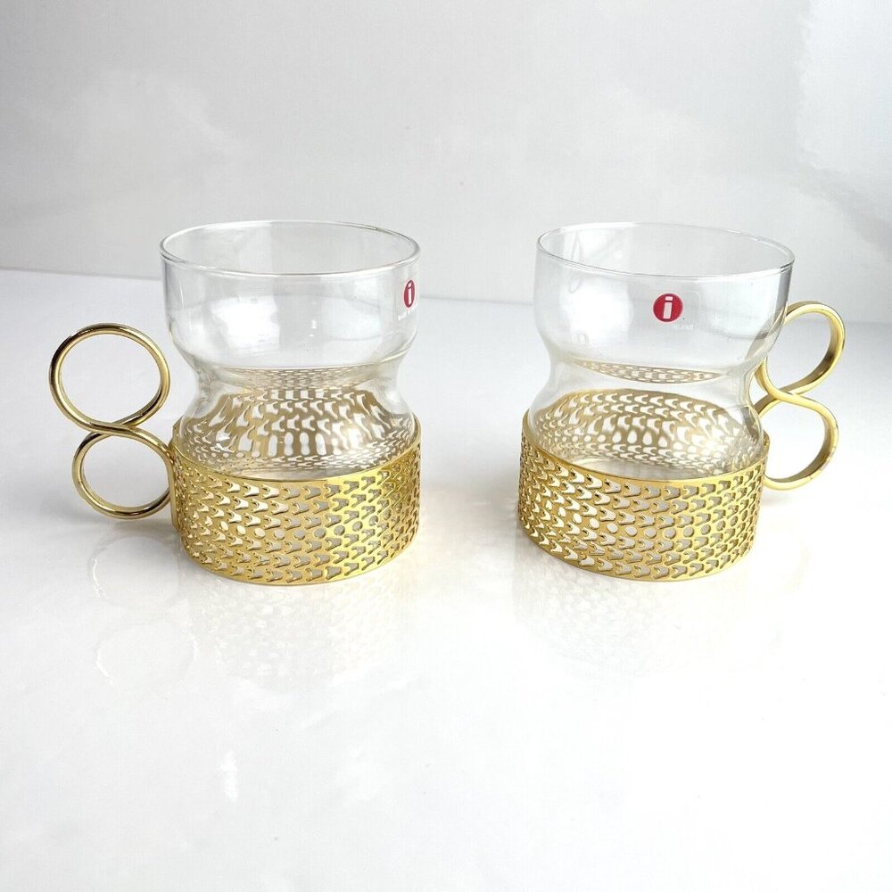 Iittala Tsaikka glasses With Gold Clips Finland - Hot Drink Glasses Clear Cup